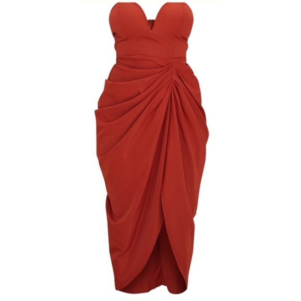 PrettyLittleThing Rust Woven Bandeau V Bar Gathered Hip Midi‎ Dress Size 4